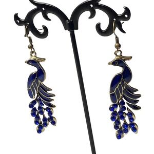 Vintage Blue Enamel Rhinestone Silver Tone Peacock Dangle Drop Earrings
